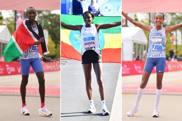 From left: Last year, Kelvin Kiptum set a men’s marathon record, Tigist Assefa did the same for the women’s event, and Sifan Hassan recorded the second-fastest-ever woman’s time. All wore “super shoes”.