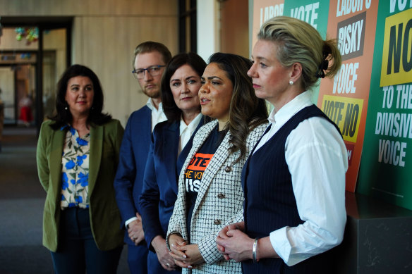 Senators Jane Hume, James Paterson, Sarah Henderson, Jacinta Nampijinpa Price and Bridget McKenzie at a ‘No’ campaign launch in Melbourne on Friday.