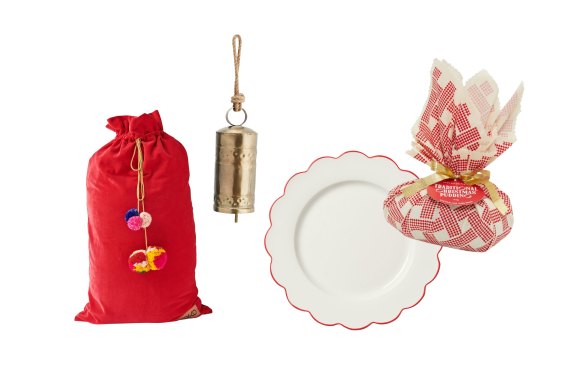 “Santa Sack”; Madam Stoltz ornament; “Scallop” plate; David Jones Christmas pudding.  