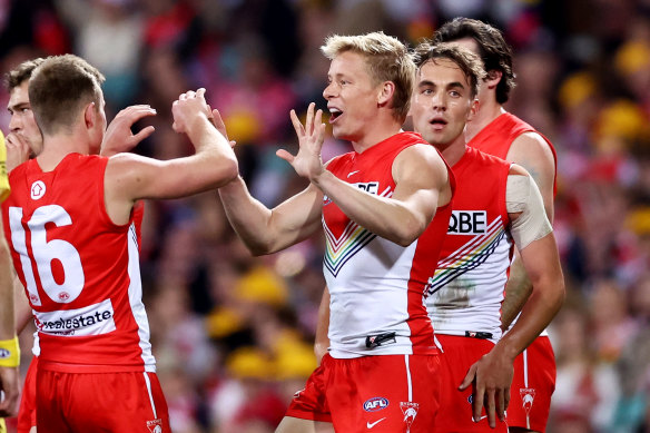 Isaac Heeney (centre) celebrates with teammates after kicking a goal for the Swans.