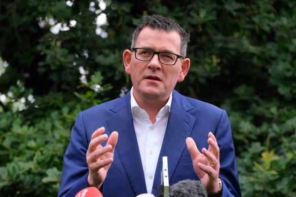 Premier Daniel Andrews speaks to the media on Sunday.