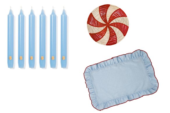 “Madeleine” taper candles, “Peppermint” place mat, “Ruched” place mat.