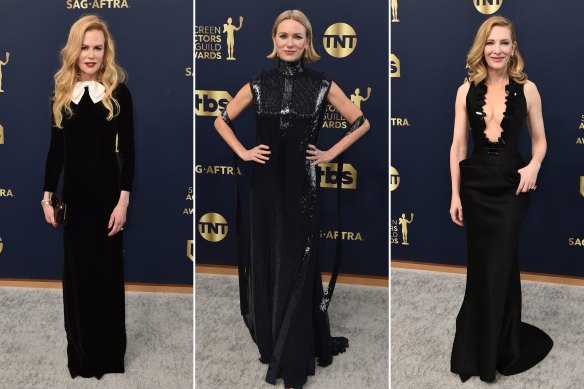 The Australian glam trio of Nicole Kidman in Saint Laurent, Naomi Watts in Fendi and Cate Blanchett in Armani Prive. Pure old Hollywood glamour reviving the spirits of Carole Lombard, Myrna Loy and Lauren Bacall.