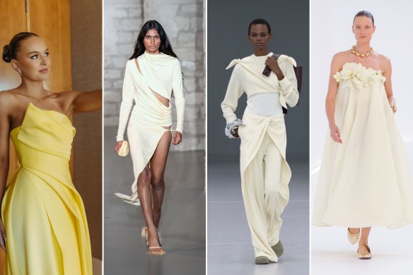 From left: Claudia Piva in Georgia Young Couture, Christopher Esber, Loewe, Zimmermann.