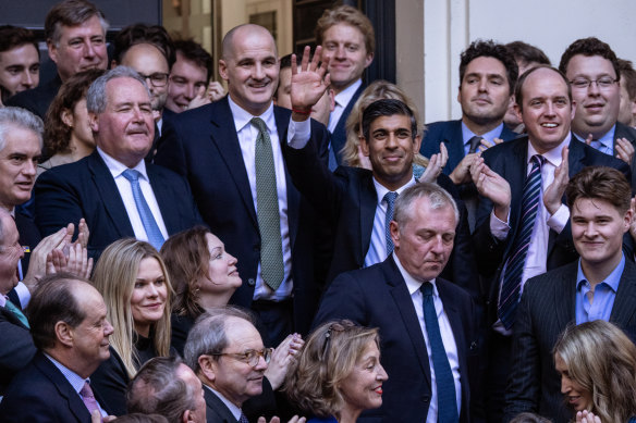 Rishi Sunak greeted by colleagues after being announced as the winner of the Conservative Party leadership contest.