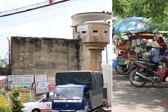 Left: Chí Hòa, the prison in Ho Chi Minh City where Dao’s grandfather was held. Right: the bustling street life outside Chí Hòa prison.