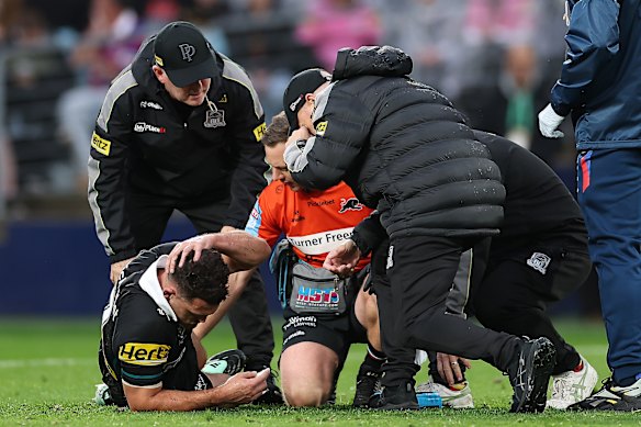 Nathan Cleary suffers a horror leg injury.