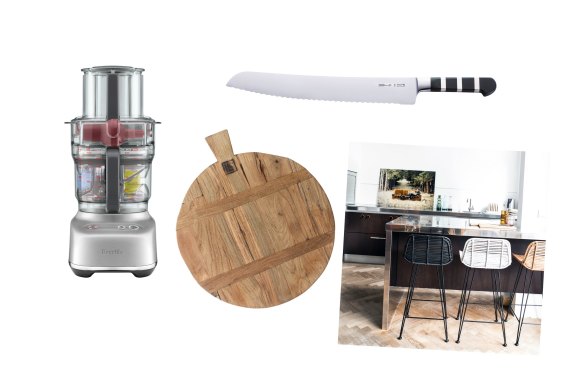 “Paradice 9” food processor; breadboard; “1905 Series” bread knife; bar stools.  