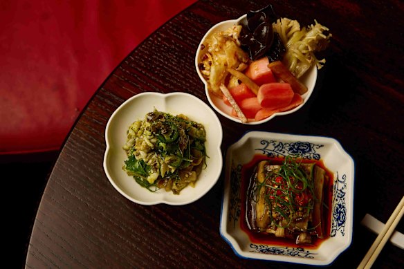 Pickled and preserved vegetables, tingling prawn and jellyfish salad and fragrant eggplant at Grandfathers, CBD.
