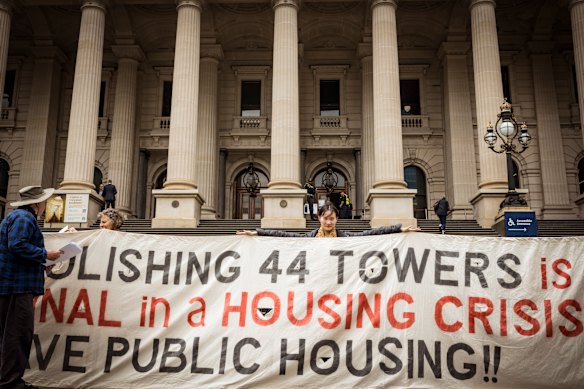 Public housing residents protest outside Parliament House this month.
