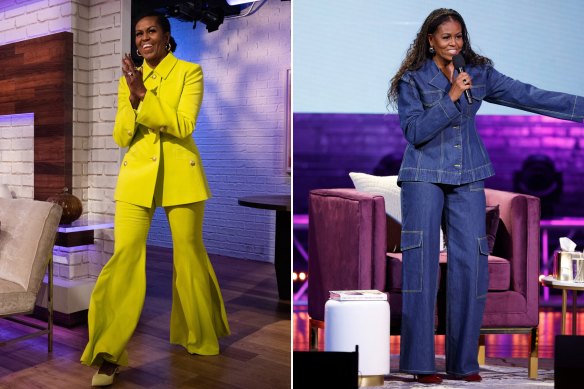 Michelle Obama in Proenza Schouler on the US ‘Today’ show, November 14 and in Ganni denim for ‘The Light We Carry Tour’ at Warner Theatre on November 15, 2022 in Washington, DC.
