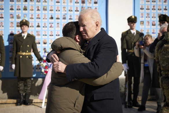 Joe Biden and Volodymyr Zelensky say goodbye at the Memorial Wall of Fallen Defenders of Ukraine in Russian-Ukrainian War, in Kyiv.