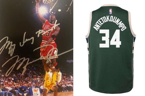 A signed autograph from Michael  Jordan and a Giannis Antetokounmpo Milwaukee Bucks jersey.
