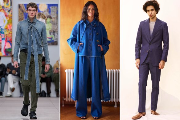 Jean genies: Loewe, menswear autumn/winter 2024; Kate Sylvester’s upcoming “Gloria Gloria” collection; Oscar Hunt denim suit, 95. 