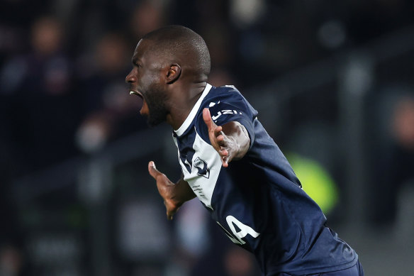 Jason Geria celebrates scoring a goal for Melbourne Victory in May 2024.
