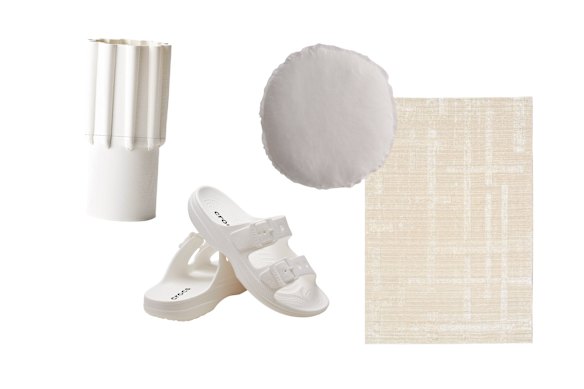 “Archie” vase; “Saturday” sandals; “Flocca Macaron” cushion; “Avery” rug.  