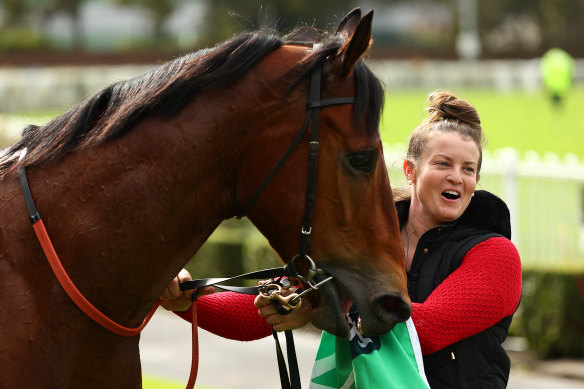 Co-trainer Leah Gavranich with Rosehill Highway winner Know Thyself.