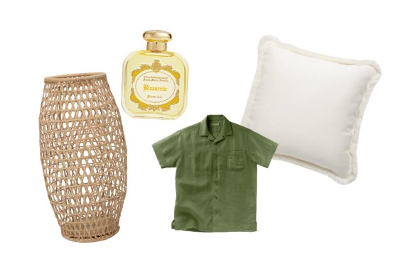 “Rattan Deco” lantern; “Bizzarria” EDP; “Holiday” shirt; “In/Out” cushion.  