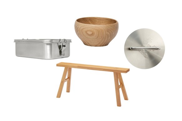 Lunch box; “Curve” bowl; oak bench; fish weight.  