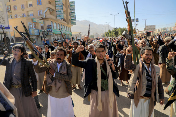 Protesters in Yemen’s Houthi-controlled capital Sanaa march in solidarity with Palestinians this month.
