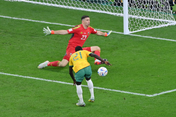 Garang Kuol’s shot  - the Socceroos’ last, best chance to equalise - is saved by Emiliano Martinez.