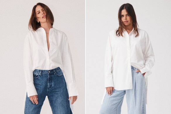 Jesinta Franklin and model Samantha Harris wearing the Viktoria & Woods x Witchery white shirt, which raises money for ovarian cancer research. 