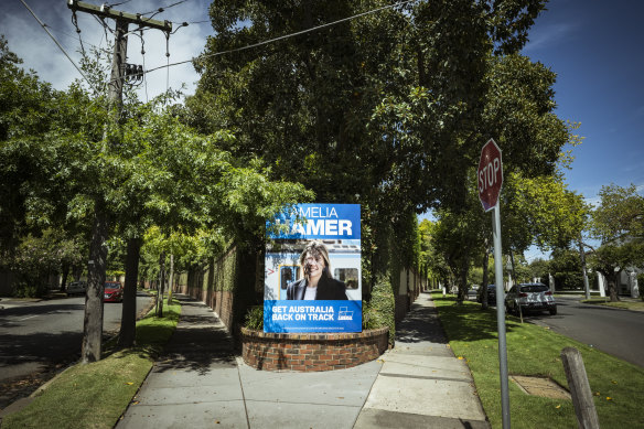 Lindsay and Paula Fox have erected a campaign poster for Liberal candidate for Kooyong, Amelia Hamer, outside their Toorak home.