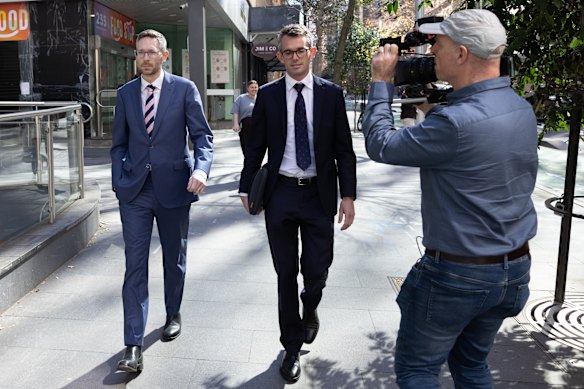 Charles Perrottet, left, outside the ICAC on Tuesday with his brother Gabe.