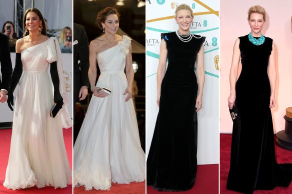 From left: Catherine, Princess of Wales at the 2023 BAFTAs in Alexander McQueen; and at the 2019 BAFTAs in Alexander McQueen; Cate Blanchett at the 2023 BAFTAs in Maison Margiela; and at the 2015 Oscars in Maison Margiela.