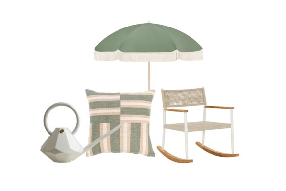 Garden Glory watering can; “Meena” outdoor cushion; “Tallow” umbrella; “Corso” rocking chair.