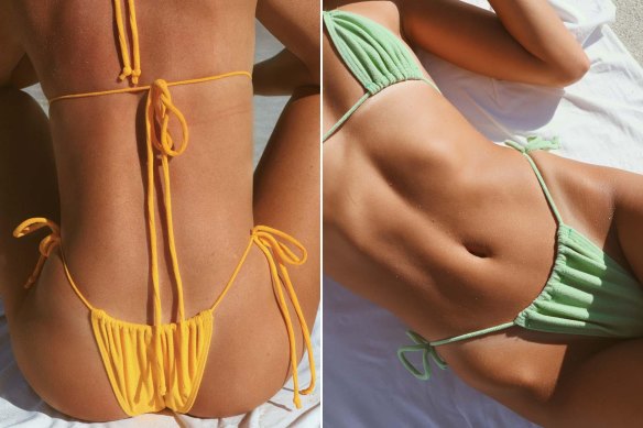String bikinis have become the top-sellers for Australian label Gnash Swim, which is popular in the US. Their towelling string bikinis come in mango and edamame.