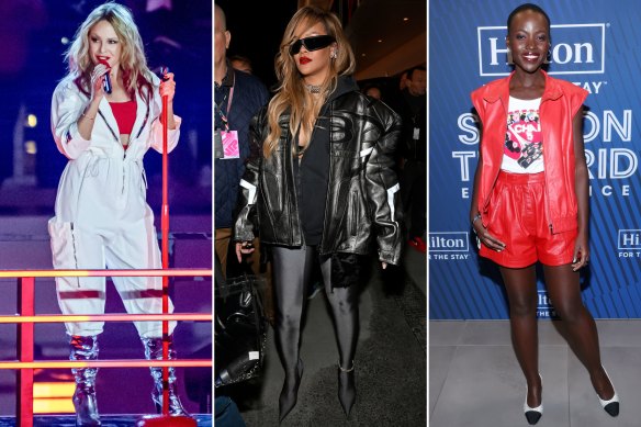 Kylie Minogue (left) in a Stella McCartney jumpsuit, Rihanna in Balenciaga, and Lupita Nyong’o in a Chanel Formula 1 T-shirt and red leather shorts and vest.