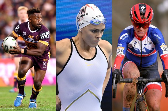 From left: NRL player James Segeyaro fell foul of a housemate’s blender; swimmer Shayna Jack was suspended for two years despite “winning” her case; US cyclist Katerina Nash’s result was triggered by handling her dog’s medication.