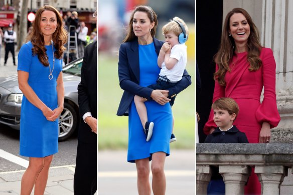 Sticking with Stella: Kate, Duchess of Cambridge’s blue Stella McCartney dress, worn to the National Portrait Gallery, London in 2012 and Royal International Air Tattoo in 2016 with Prince George, was retired for the Platinum Jubilee Royal Pageant, replaced by a raspberry Stella McCartney below-the-knee dress.