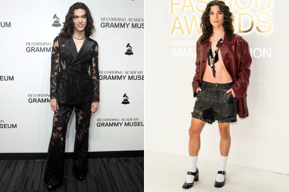 Singer Conan Grat at the Grammy Museum in LA in September wearing a Moschino suit and at the CFDA Awards in Coach.