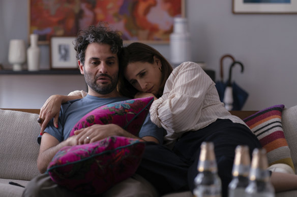 Arian Moayed and Michaela Watkins in You Hurt My Feelings, a film where in almost every scene characters are forced to make the awful choice between kindness and honesty.