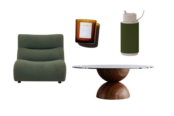 “1977” chair module; “Botanica” candle; “Bell” coffee table; bottle and cactus leather holder.  