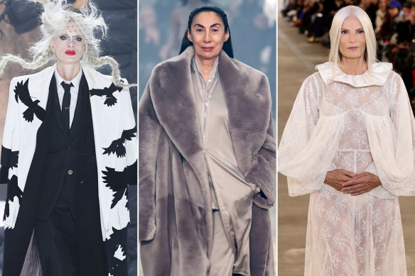 New York Fashion Week’s mature approach: Kristen McMenamy, 59, in Thom Browne; Anh Duong, 63, in Helmut Lang; Rachel Waller in Batsheva, 65.