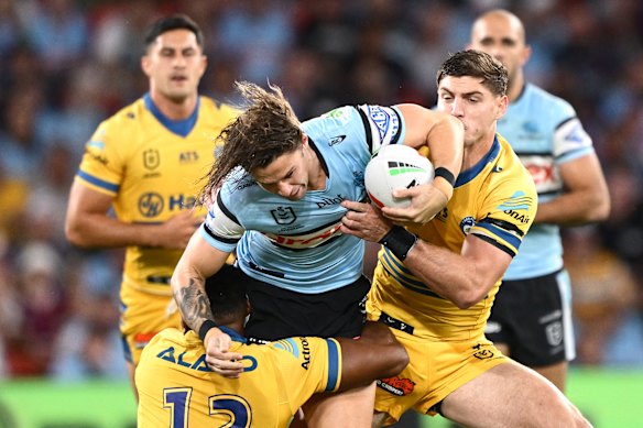 Nicho Hynes on the charge for Cronulla on Friday night.