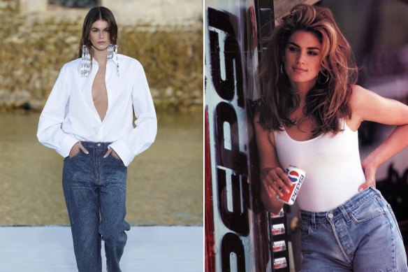 Supermodel Kaia Gerber opens the Valentino autumn 23 haute couture show in blue jeans; Cindy Crawford in denim cut-off jeans for Pepsi in 1992.