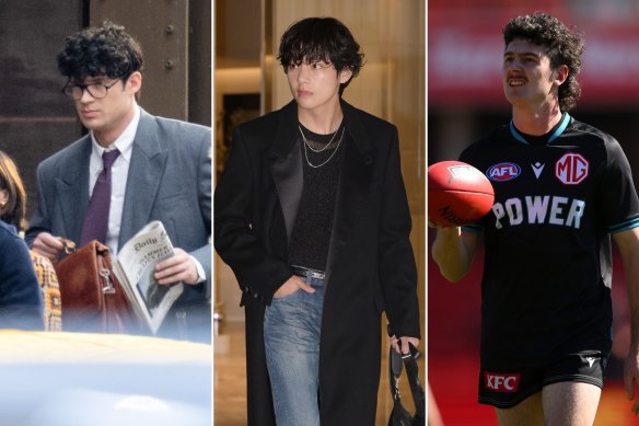 The perm in popular culture and sport: David Corenswet as Clark Kent on the set of the new ‘Superman’ movie; South Korean singer Kim Tae-hyung of BTS; Darcy Byrne-Jones of Port Adelaide is the inspiration for some perm mullets.