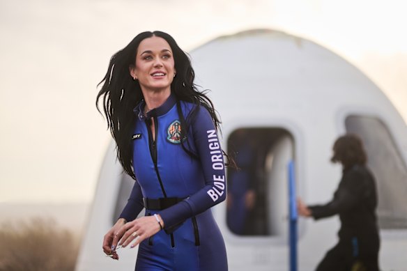 Singer Katy Perry returns from a Blue Origin space trip in 2025. 