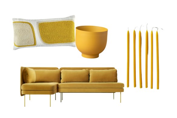 “Brocéliande” cushion cover; “Yaamur” planter; “Bloke” sofa with chaise; “Honeybell” beeswax candles.  