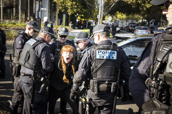 A woman is arrested in Fishermans Bend after being disconnected from a fellow protester by police.