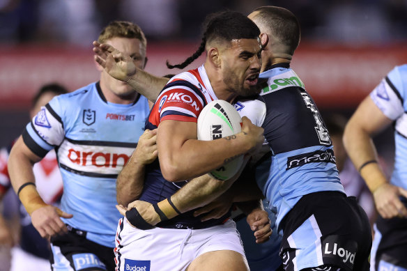 Roosters forward Terrell May takes a carry during last week’s elimination final.