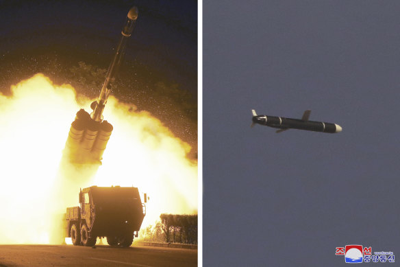 North Korean government photos of long-range cruise missiles tests held on September 11 -12, 2021 in an undisclosed location.
