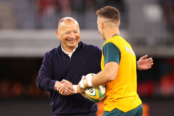 Gone soft? Eddie Jones greets Nic White before kick-off in the first Test at Perth.