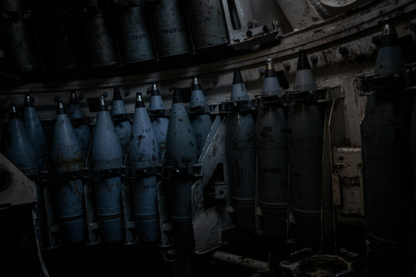 Shells inside a self-propelled howitzer operated by Ukrainian troops near Kreminna.