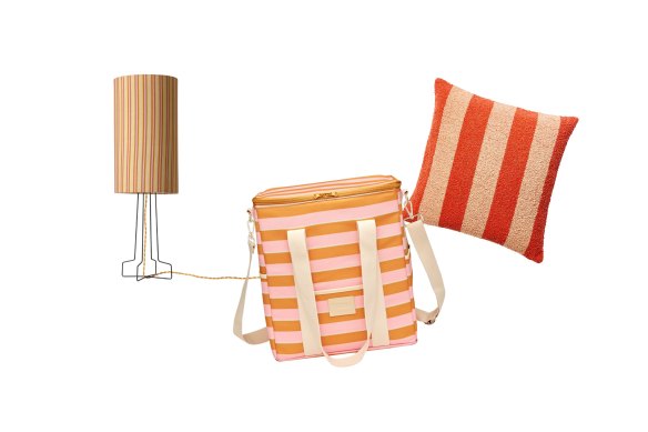 Lamp base and shade; “Cool Base” insulated bag; “Boucle Stripe” cushion.