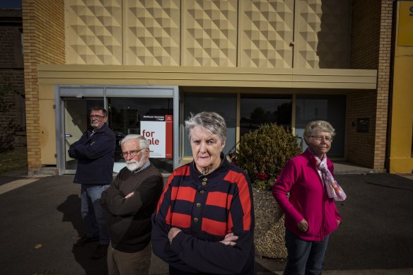 Mortlake residents Doug Parker, Kelvin Goodall, Jill Parker and Rosalie Goddard, whose only bank closed in 2021, leaving them with a journey of over 40 kilometres to the nearest town with an ATM.